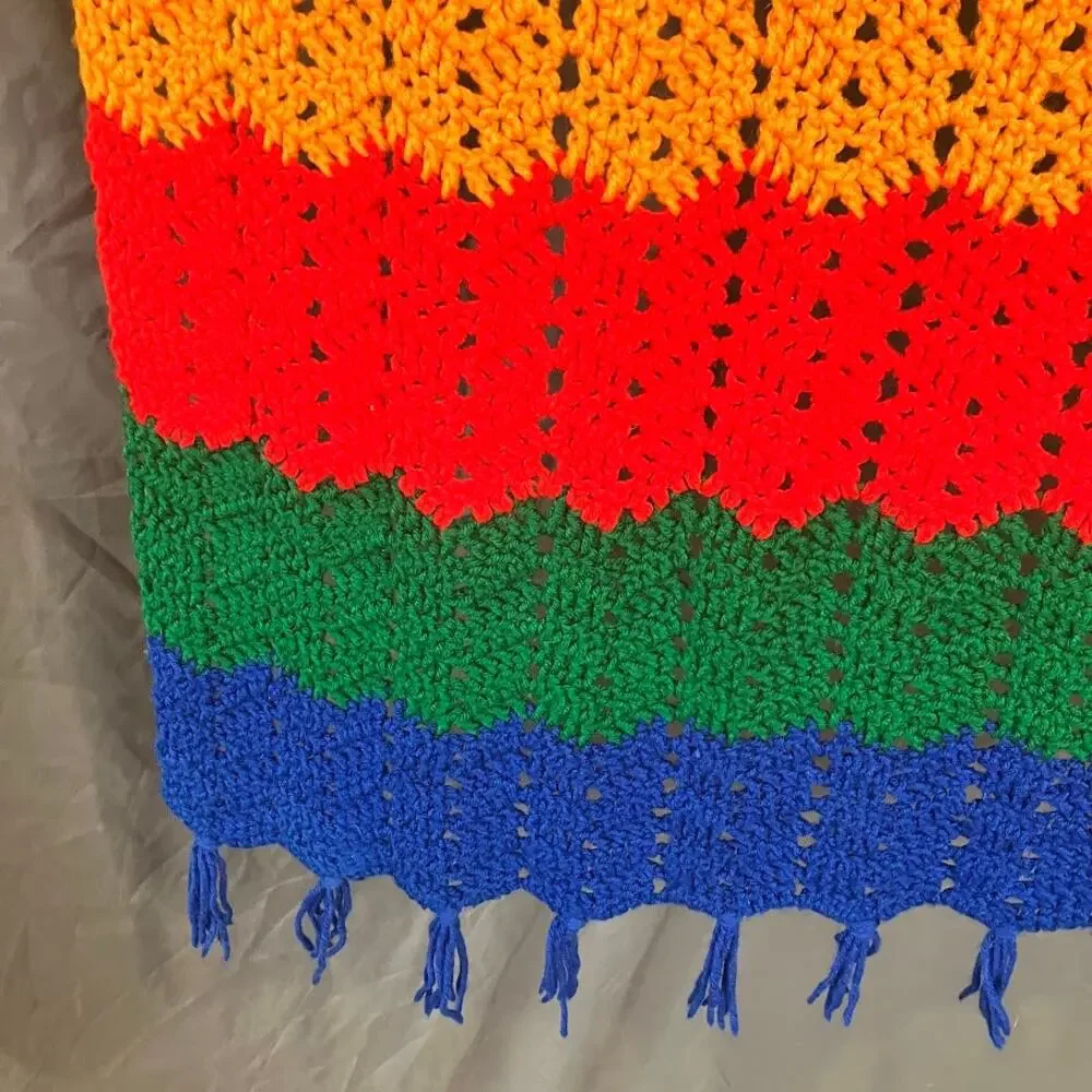 Vintage Rainbow Afghan Blanket Handmade Crochet Knit Throw Blanket 42